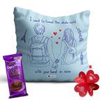 Indigifts Travel The World With You Quotes Printed Cushions With Filler, Greeting Card And Cadbury Dairy Milk Silk Chocolate Bar Valentine Gift For Girlfriend
