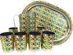 Rastogi Handicrafts Jug,6 Glass,1 Tray Stainless Meena Hand Work Indian Style Drink Ware Serving Set