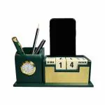 Giftana Pen Stand for Men, Office Desk Organizer, Mobile Phone Stand, 100-Year Calendar, Table Watch, Birthday Gifts for Doctor, Corporate Gift for Employee (Green)