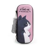 QIPS Hardcase Cat Art with Fur Tail Pencil Case Pouch, Pink