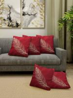 FABINALIV Set of 5 Maroon Floral Cotton Blend Square Shape Cushion Covers (40X40 cm)