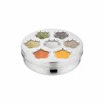 Prabha Stainless Steel Sunflower Spice Box, Elegnate Designed Look with Glass Lid Frame, 7 Spice Containers, Spoon, Hard & Durable Material | Best For Home & Kitchen, 1 Year Warranty