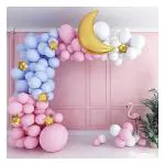 Orama Latex Balloons Arc with Golden Moon Foil Combo 119pcs for Baby Shower, Baby 1st Birthday, House Warming Party Decoration (Multi Color) (Blue Pink White Balloon)