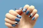 Secret Lives Acrylic Designer Artificial Extension Matte Denim Blue Fake Nails Design 24 pcs Set with Glue Sheet
