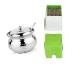 FIRST FRONT Stainless Steel Multipurpose Ghee Pot/Pickle Container with Spoon With Steel and Plastic Potato Chipser French Fries Chips Maker Machine Snacks Finger, Potato Finger Chips Cutter and (Multicolour, Pack of 2)