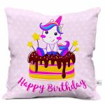 SQUARE DESIGNS Satin Cute Baby Unicorn Saying Happy Birthday Printed Cushion Cover 12 x 12 with Filler, Pink- Birthday Gift for Girl, Gift for Boy, Gift for Friends