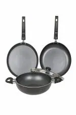 Platt Onyx Granite Non Stick Aluminum Cookware Set 3Pc,24cm Dosa Tawa + 24cm Kadai with Tempered Glass Lid 2.5ltr + 24cm Fry Pan, Color Dark Grey, Induction Compatible