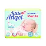 Little Angel Premier Pants Baby Diaper, New Born (NB/XS) Size, 60 Count, Cottony Soft Material, Wetness Indicator, Breathable Layer, Extra Dry Core, Stretchable Sides, Pack of 1, up to 5 kgs