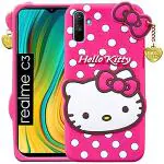 Clickaway Hello Kitty Case for Realme C3 3D Soft Cute Cover for Girls/Women Silicone Rubber Back Cover With Pendant-Baby Pink/Pink