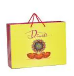 PPJ - HAPPY DIWALI (3 DIYAS YELLOW) - PAPER CARRY BAG, 16 Inch X 12 Inch X 4 Inch for DIWALI RETURN GIFTS (Pack of 10))