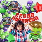 House of Banter Hulk Superhero Theme Birthday Decoration Pack for Boys / Girls / Kids Party 66Pc - Superhero foil balloon set of 5, 60 Multicolor Balloons, 1 Birthday Banner ( Green Superhero Birthday Theme Decoration Set )