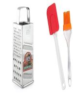 Wofier Heavy 8 In 1 Stainless Steel Slicer And Grater For Kitchen With Small Spatula And Oil Brush Set, Silver