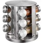 BUILD IMPRESSION Spice Jar Rack Revolving Rotating Countertop, Spice Organizer, Seasoning Set, Spice Carousel Stainless Steel Stand Storage Holder with 12 Pieces Glass Bottle for Kitchen, Hotel, Tiered Shelf