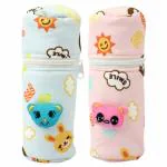 Lala Maneet Soft Plush Stretchable Prnited Baby Feeding Bottle Cover with Cute Animated Cartoon Suitable for 130-250 Ml Feeding Bottle Pack of 2 (Light Blue & Light Pink)