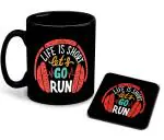 Whats Your Kick Fitness Motivation Theme Life is Short Lets Go Run Design Printed Black Ceramic Coffee Mug with Coaster Tea Mug 325ml