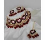 Gyaan Jewels Handmade Alloy Necklace, Earring and Maang Tikka Set Maroon, White (Women) (Pack of 1) Free Size