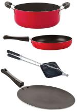 Nirlon 4 pcs of Red, Black Non-stick Coated Pot and Pans Cookware Combo Set