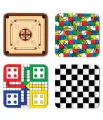 Whats Your Kick Carrom Chess Ludo Snakes and Ladder Games Printed Set of 4 Coaster With Beautiful Metal Stand