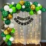 SpecialYou.in Jungle Theme Happy Birthday Decoration Items for Kids with Net Curtain Backdrop Set and Safari Party Balloons With Fairy Lights and Palm Leaves- Set of 68 Items