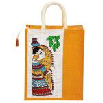 S.B. Bags Printed Eco-friendly Durga Print Jute Bag/Shopping Bag/Grocery Bag with Zip Closure (Yellow),SB137SY