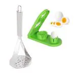 URBAN BUY Stainless Steel Potato Masher With Plastic Egg Slicer Cutter, 2 in 1 Egg Slicer Multi Purpose Egg Dicer & Wedger and Multicolour, Pack of 2