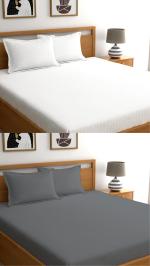 VORDVIGO Combo Bedsheets for Double Bed Cotton 300 TC Premium Satin Stripes Soft 2 Double Bedsheets with 4 Pillow Covers, 90 x 90 Inches, Color- White & Grey