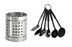 FIRST FRONT Stainless Steel Cutlery Holder With 8 Pcs Plastic Black Measuring cups and (Multicolour, Pack of 2)