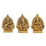 Lakshmi ji Ganesh ji and saraswati ji with leaf backdrop in metal antique golden finish by Handicrafts Paradise