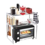 Bience White Steel Double Layer Microwave Oven Stand Kitchen Storage Rack With Hanging Hook