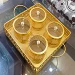 H R STORE Metal Aquire shape tray with 4 round bowls Gold finish size (11.5 x 11.5 inch)