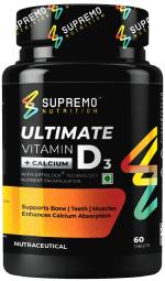 Supremo Nutrition Ultimate Vitamin D3 + Calcium Citrate | Enhances Calcium Absorption | For Stronger Teeth & Muscle Strength | Vital Nutrition for Bones | 100% Vegan Certified | Pack of 60 Tablets