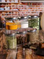 Goodhomes Glass Storage Jar with Metal Stand (Set of 3pcs Large Jar 650ml & 3pcs Small Jar 450ml with 1pc Stand)