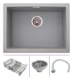 Zinzer Grey Quartz Kitchen Single Bowl Model Kitchen Sink With Drain Coupling, Basket, Drain Pipe And Installation Template, 24 X 18 X 8 Inch