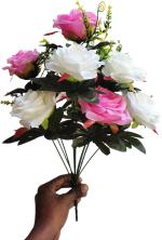 Abhay Flowers & Fashion Beige White Paper Fabric Beautiful Decorative Flower Bunch Rose Artificial - 15 Inch