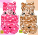 Pandaoriginals Star Brown, Pink Cotton Bath Towels for Baby Boys and Girls (30 x 35 inch) Pack of 2