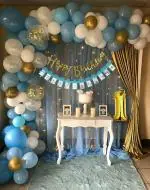 SpecialYou.in 1st Happy birthday decoration items for boys with Net Fabric Backdrop, No.1 gold foil, fairy light confetti balloons & monthly banner, birthday decorations for boys, party props combo, pack of 78 Items
