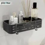 Plantex Bathroom Shelf Adhesive/Aluminium Wall Mounted Rack for Kitchen with Removable Hooks & Magic Stickers/Bathroom Accessories Self Adhesive (12x5 inches, Grey)
