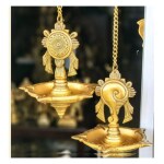 pujaNpujari Brass Hanging Shankh Chakra Diya, Vishnu Diya, Hanging Kuthu Vilakku 5 Wicks With Chain