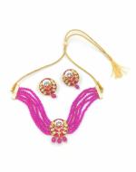 Bella Store Women Pink Brass Handmade Kundan Golden Meenakari Choker Magenta Necklace Set
