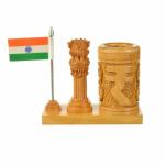 Vasu Creation pen stand with Indian rupee and national flag brown for office desk decorative