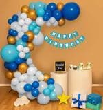 SPECIALYOU.IN Blue theme Birthday Decoration items for Kids includes Blue, white and metallic gold balloons with happy birthday banner and arch tape for balloon garland- 63 Items