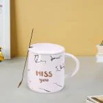 Kookee Ceramic Coffee or Tea Mug with Lid and Handle with Spoon White Miss You Print