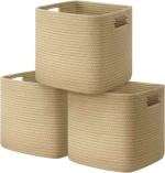 Gratify Brown Cotton Foldable Storage Baskets With Handles, 10.5 X 10.5 X 11 Inch (Pack Of 3)