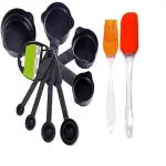 Decorcrafts Popular Combo - 8Pcs Black Measuring Cups and Spoons Set, Silicone Series Spatula and Brush Set (Made in India) Silicone Non-Sticky Spatula and Oil Brush Reusable Kitchen Set for Cooking Multicolor