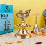 SATVIK 1 Pc Brass Panchmukhi Peacock Kerala Samai Puja Diya Kutthu Vilakku Oil Lamp Pooja 1 Step Diya Engraved Design Deepak Indian Diwali Pooja Home Mandir Office Decor Housewarming Return Gift Items
