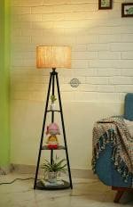 Prodezine Round Beige and Black Metal Floor Lamp with 3 Shelves