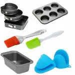 Kunya Baking Combo of 6 Slot Muffin Tray, Silicone Spatuala and Brush, Bread Loaf and Set of 3 Cake Mold in Heart Round and Square Shape for Cake Cup Cake Muffin Making