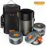 Home Puff Contigo-XL Grey Stainless Steel Vacuum Insulated Lunch Box with Bag 4 Container 2.3 L