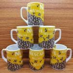 Millions joy Pack of 6 Ceramic Coffee Cups & Tea Bone China Nescafe printed Cup Big Size 200ML (Yellow & White) (Yellow, Multicolor, Cup Set)