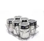 DARAZ 6 in 1 Multipurpose Stainless Steel Masala Dabba | Masala Box for Kitchen | Spice Box Steel | 6 Jars with 6 Spoons and Stylish Wire Stand Small Size 175ml Each | Total 1050 ml Capacity Silver